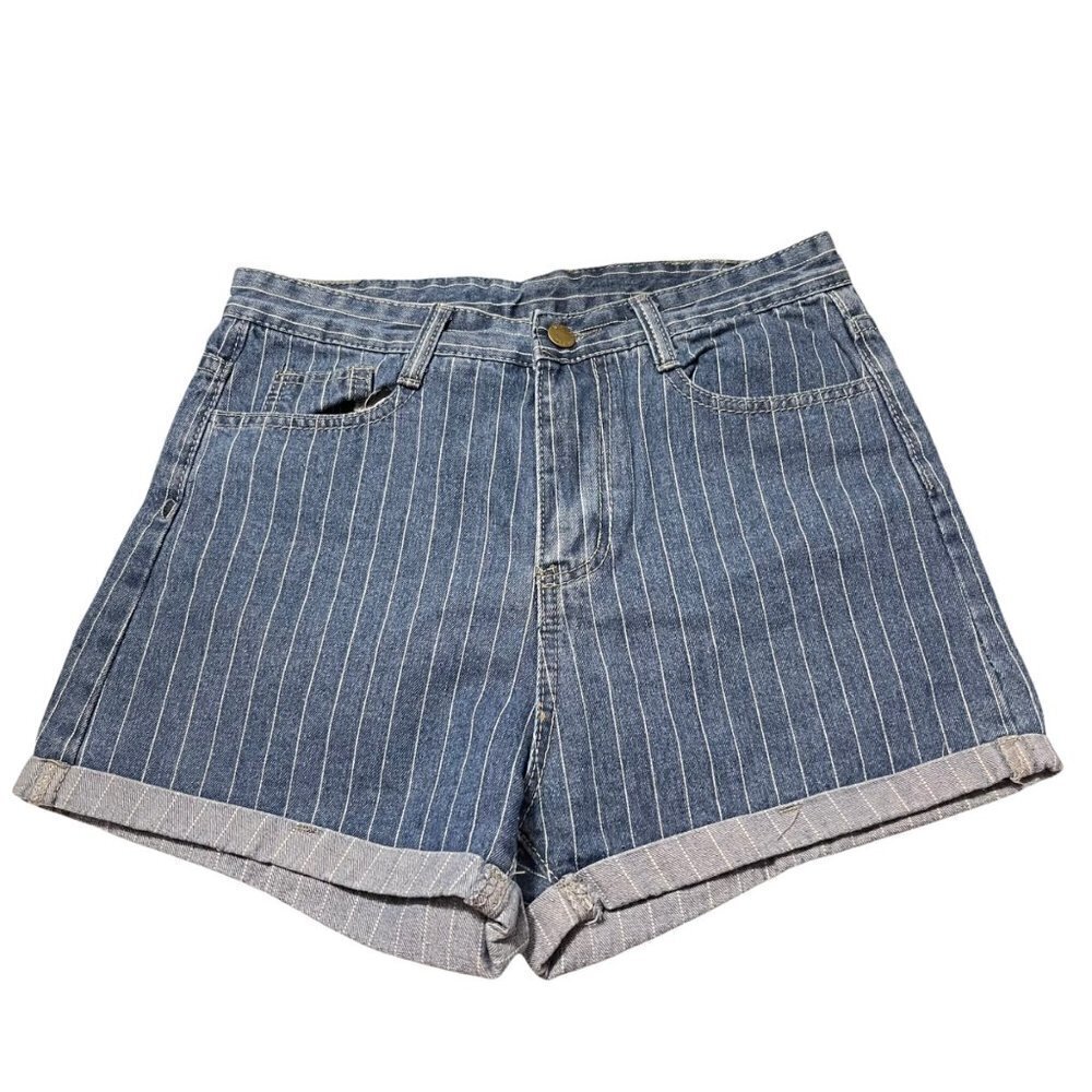 Falmer Heritage Women's Blue Striped Cuffed High Rise Mom Jean Shorts Small